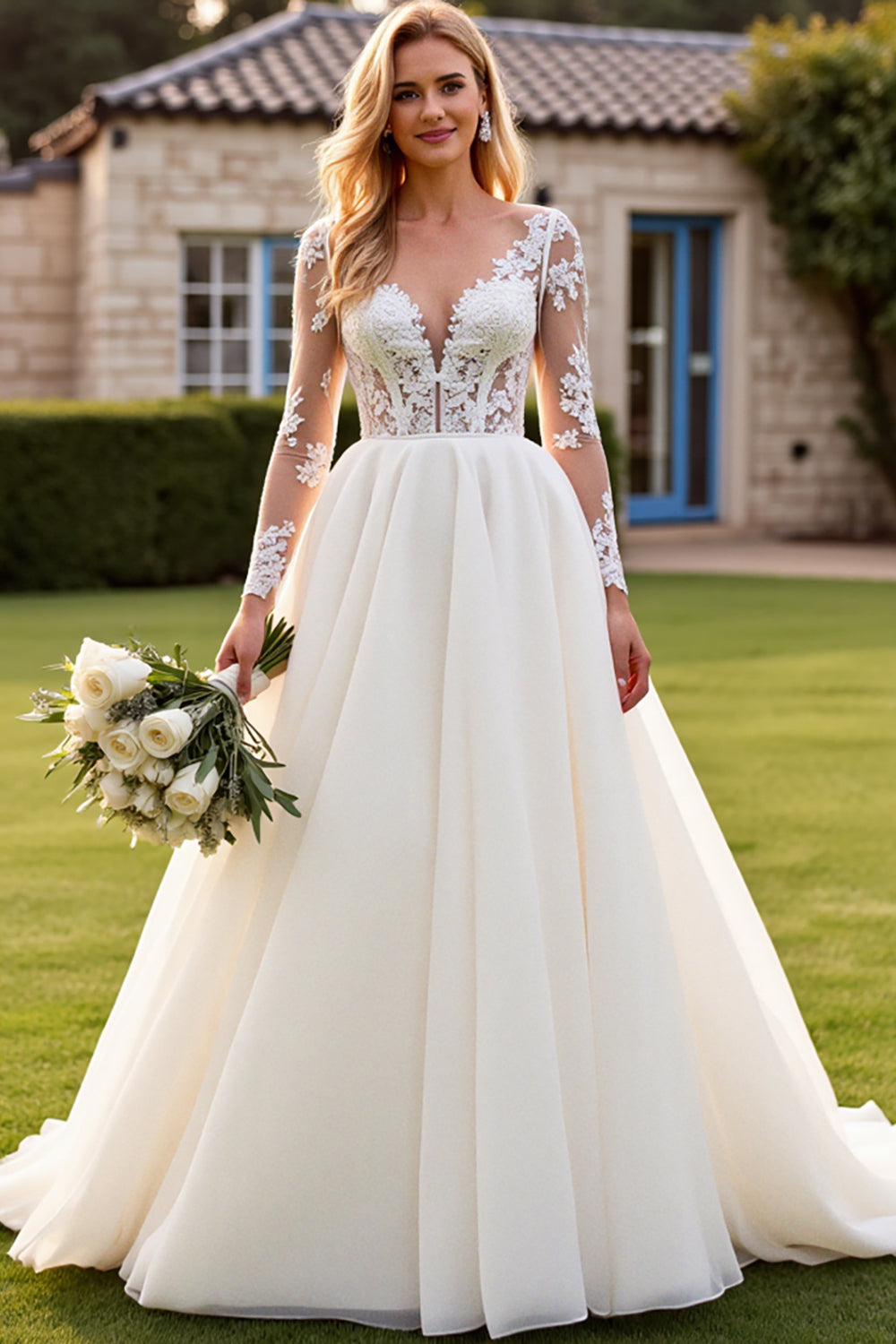 Ivory V-Neck Lace A Line Wedding Dress with Long Sleeves