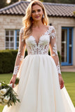 Ivory V-Neck Lace A Line Wedding Dress with Long Sleeves