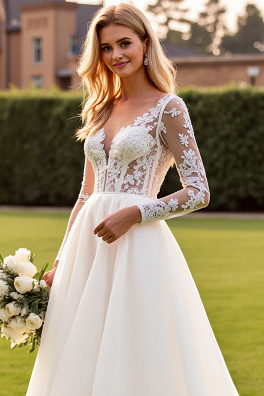 Ivory V-Neck Lace A Line Wedding Dress with Long Sleeves
