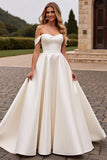 Off The Shoulder Ivory Satin A Line Wedding Dress