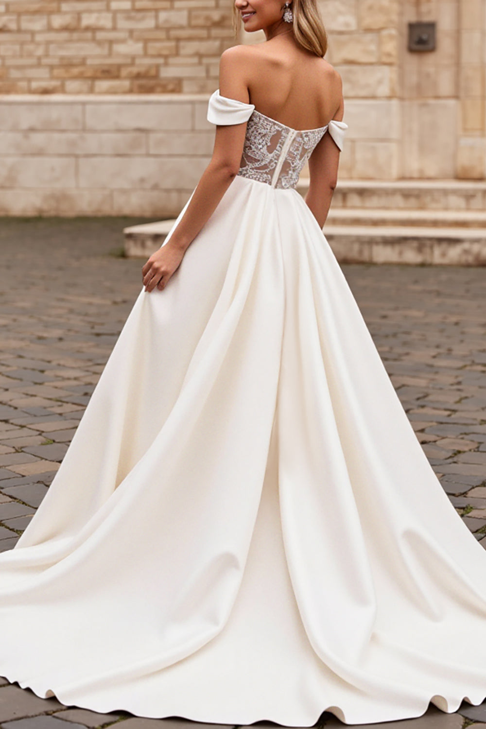 Off The Shoulder Ivory Satin A Line Wedding Dress