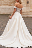 Off The Shoulder Ivory Satin A Line Wedding Dress