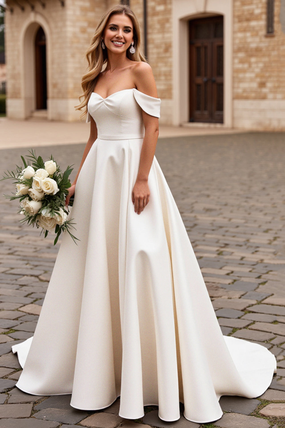 Off The Shoulder Ivory Satin A Line Wedding Dress