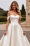 Off The Shoulder Ivory Satin A Line Wedding Dress