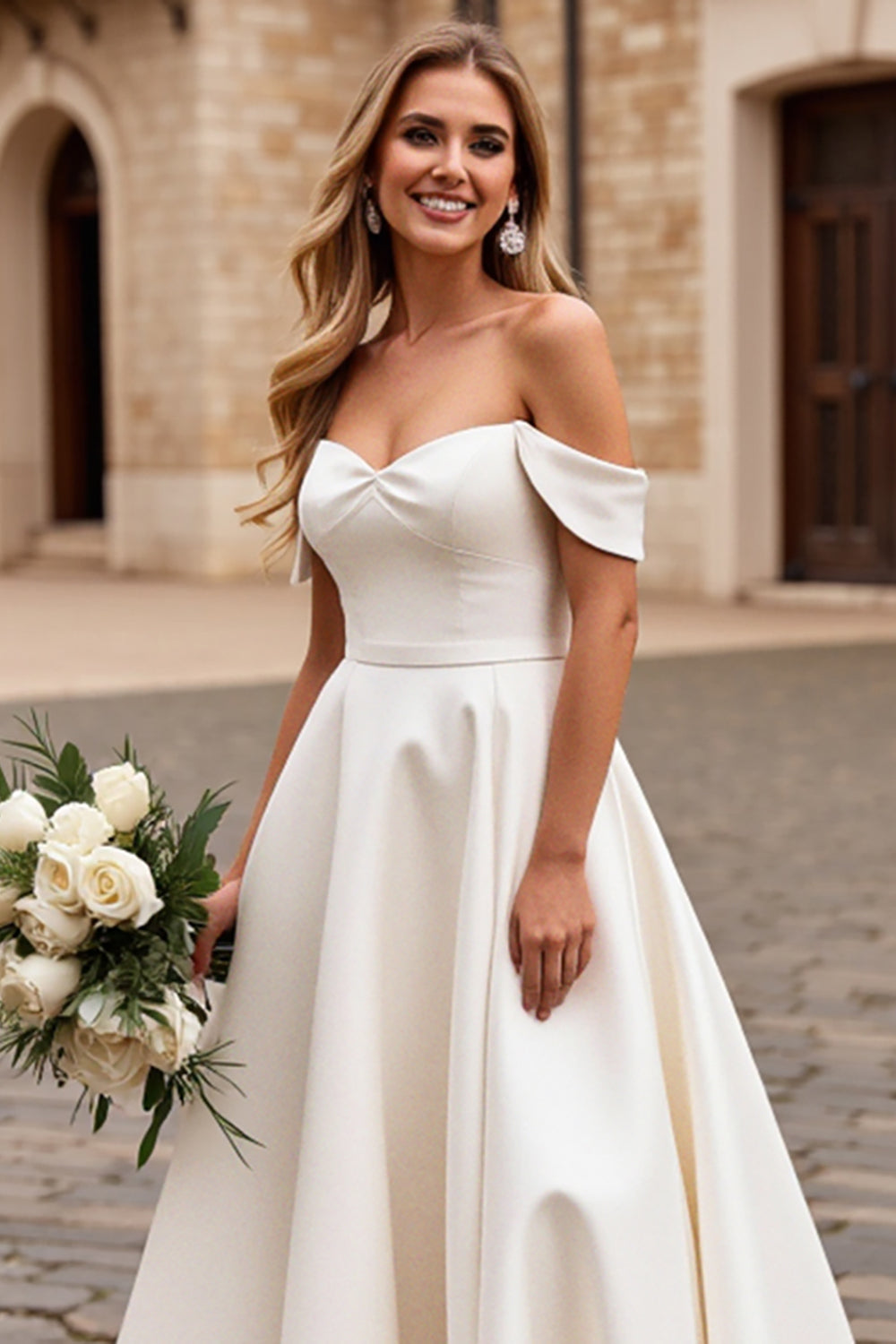 Off The Shoulder Ivory Satin A Line Wedding Dress