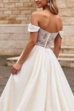 Off The Shoulder Ivory Satin A Line Wedding Dress