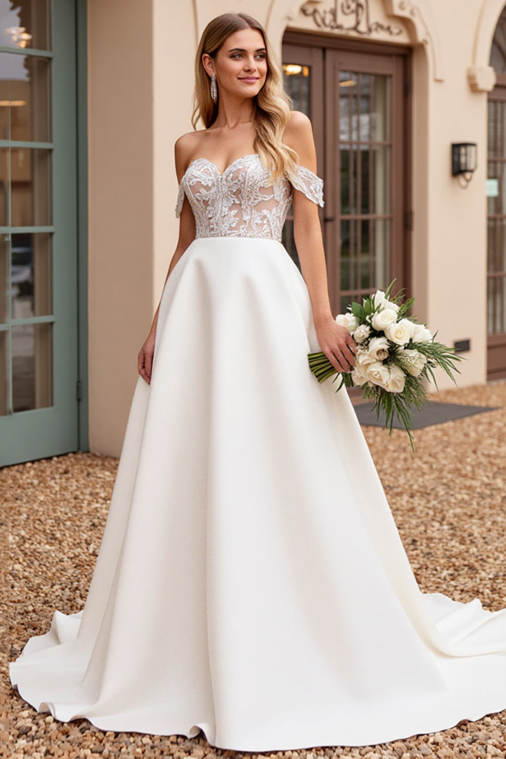 Ivory A Line Off The Shoulder Lace Wedding Dress