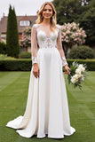 Ivory Lace A Line Illusion Long Sleeves Wedding Dress