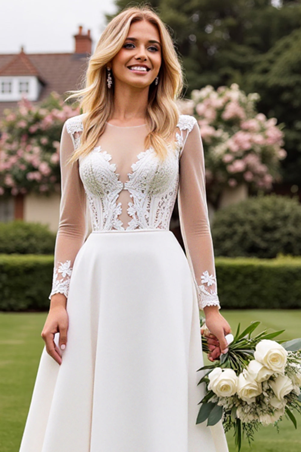 Ivory Lace A Line Illusion Long Sleeves Wedding Dress