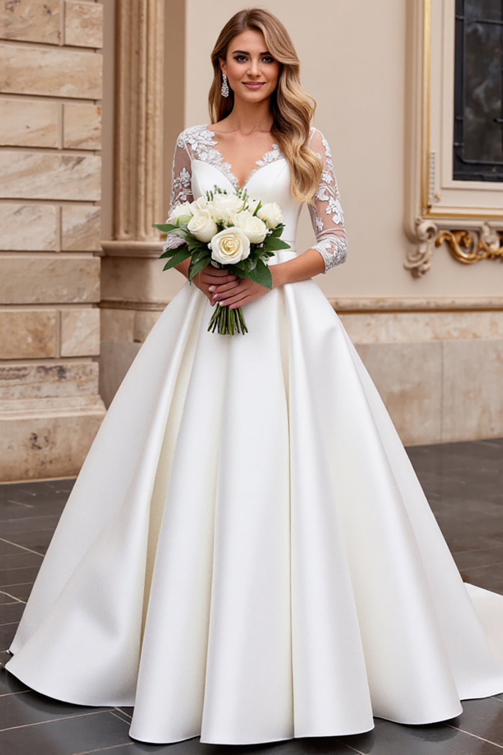 Ivory V-Neck A Line Lace Wedding Dress with Long Sleeves