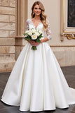 Ivory V-Neck A Line Lace Wedding Dress with Long Sleeves