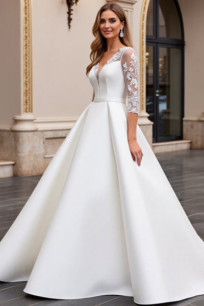 Ivory Appliques Plunge V Neck A-Line Long Wedding Dress with Long Sleeves VK23062702