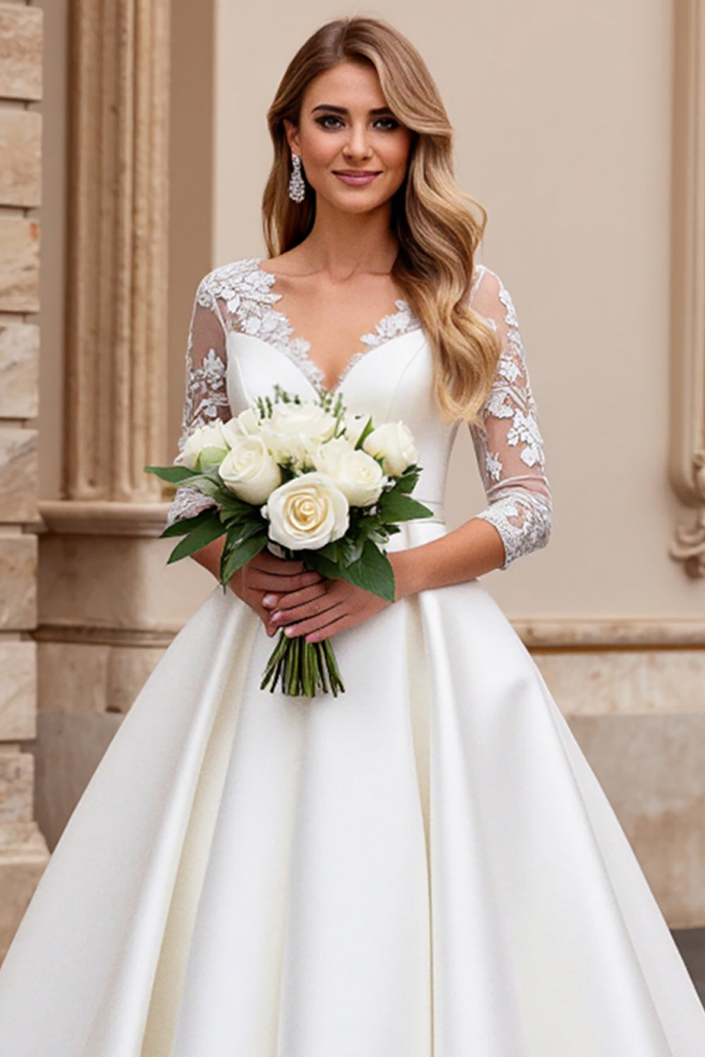 Ivory V-Neck A Line Lace Wedding Dress with Long Sleeves