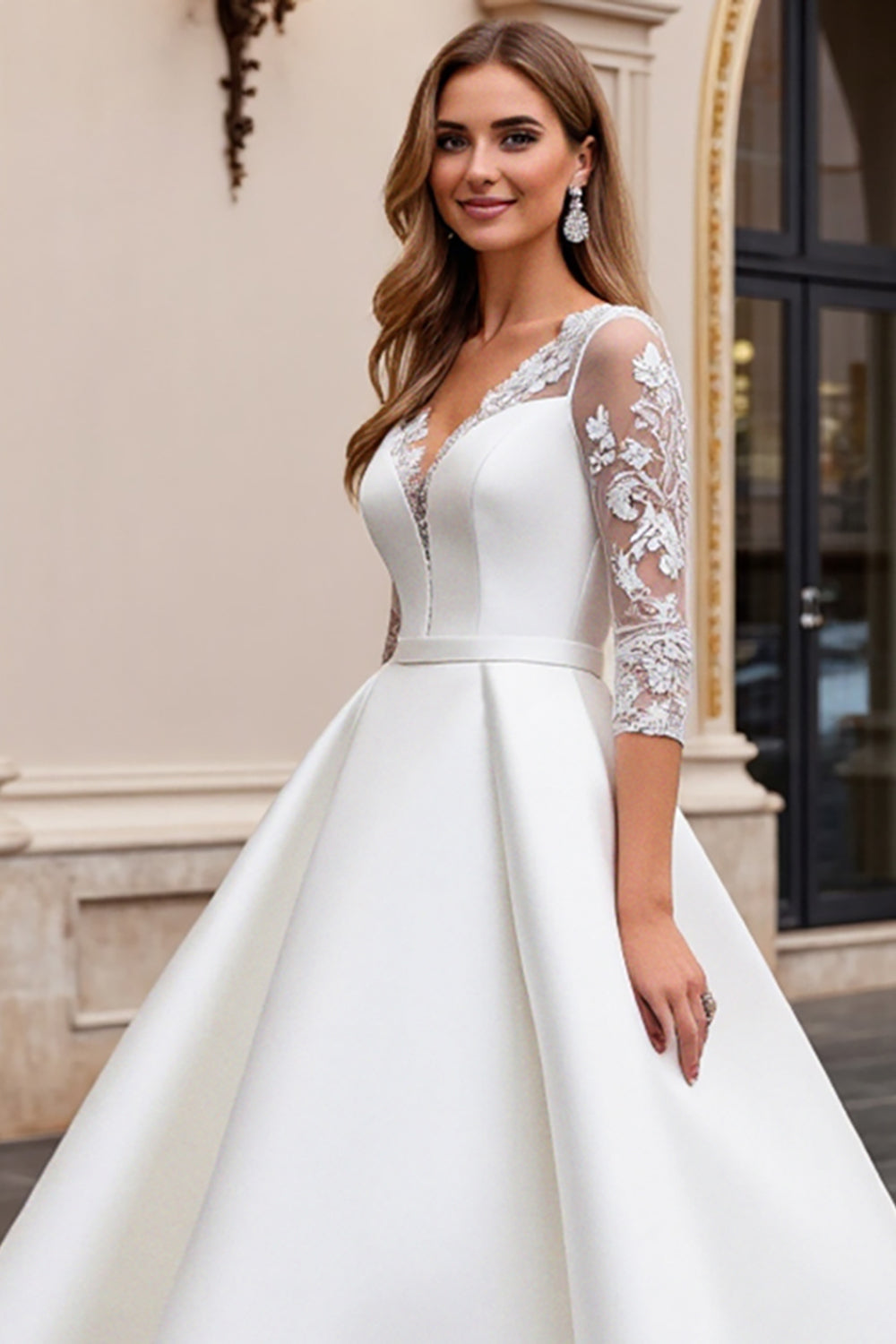 Ivory V-Neck A Line Lace Wedding Dress with Long Sleeves