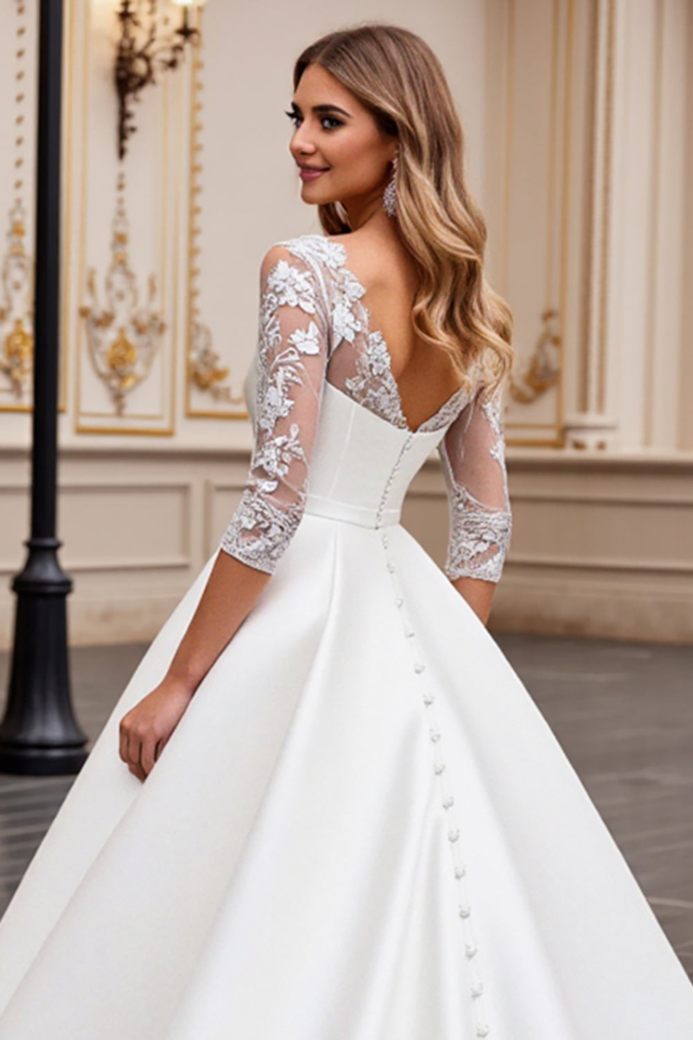 Ivory V-Neck A Line Lace Wedding Dress with Long Sleeves