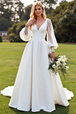Ivory V-Neck A Line Wedding Dress with Long Sleeves