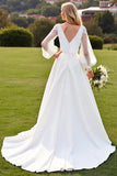 Ivory V-Neck A Line Wedding Dress with Long Sleeves