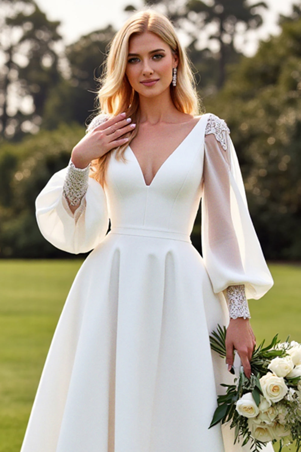 Ivory V-Neck A Line Wedding Dress with Long Sleeves