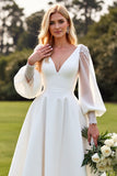Ivory V-Neck A Line Wedding Dress with Long Sleeves