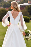 Ivory V-Neck A Line Wedding Dress with Long Sleeves