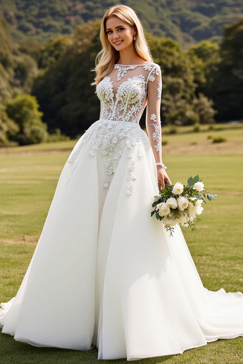 A Line Ivory Lace Long Sleeve Wedding Dress