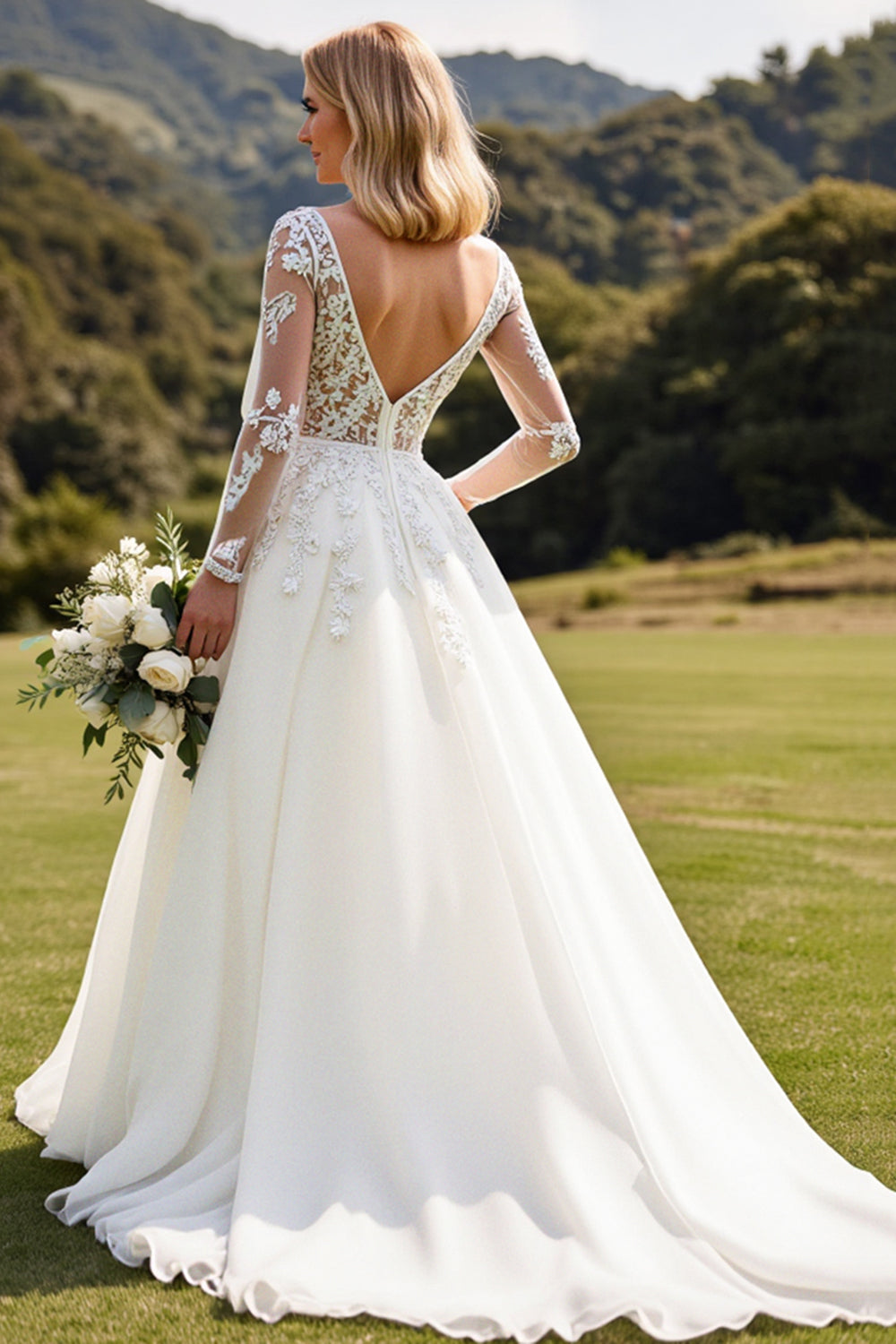 A Line Ivory Lace Long Sleeve Wedding Dress