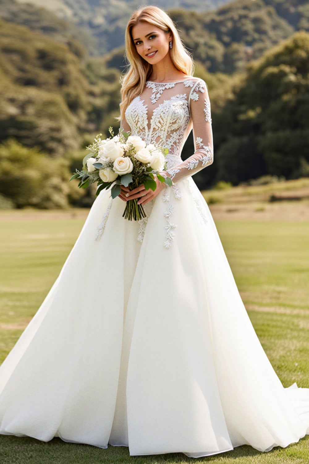 A Line Ivory Lace Long Sleeve Wedding Dress