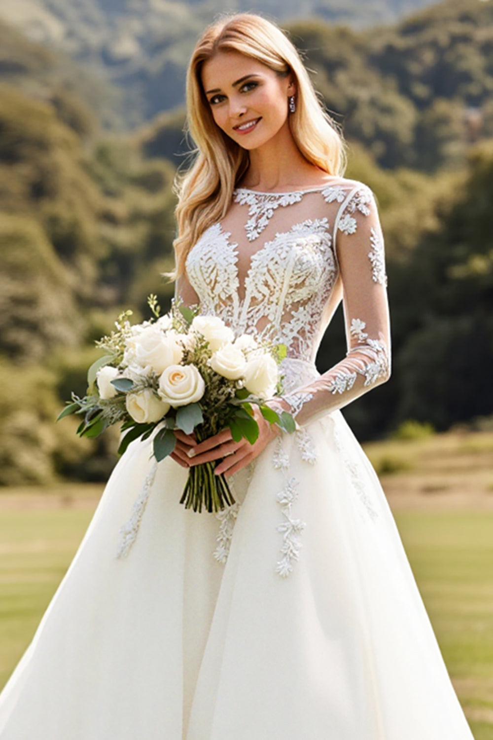 A Line Ivory Lace Long Sleeve Wedding Dress