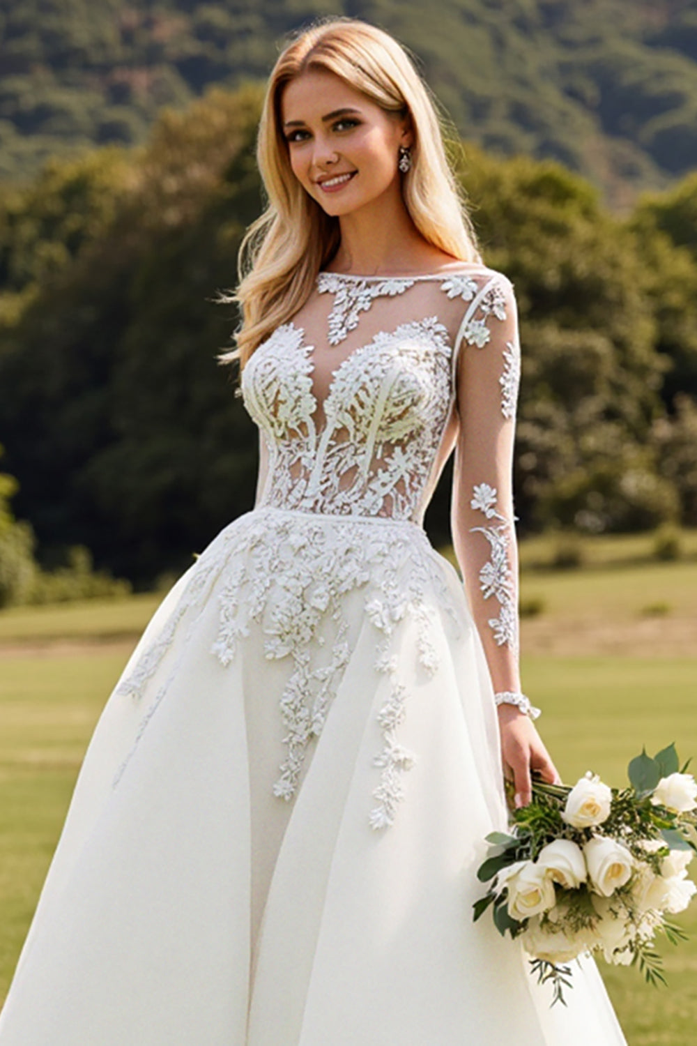 A Line Ivory Lace Long Sleeve Wedding Dress