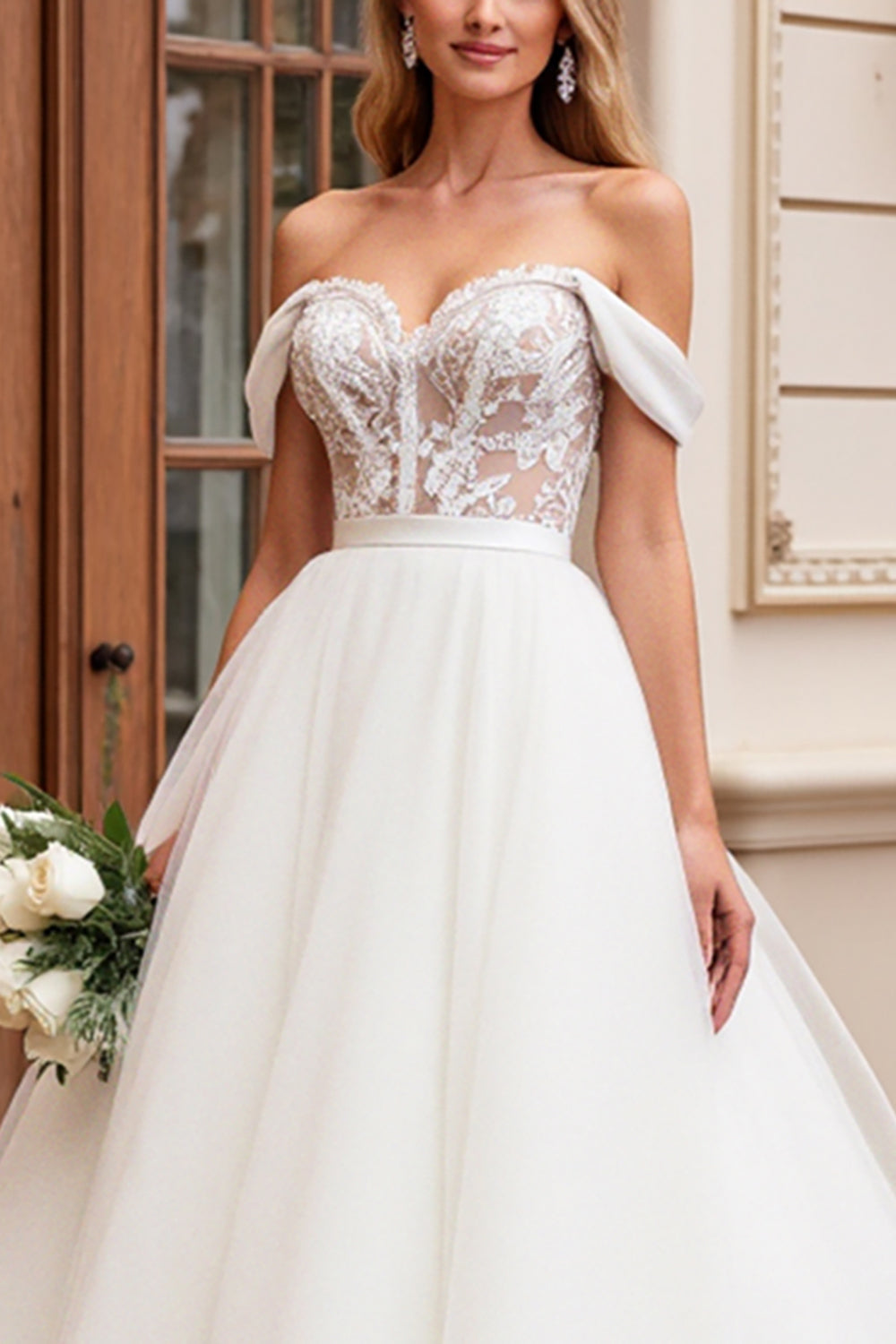Off The Shoulder Ivory A Line Tulle Lace Wedding Dress