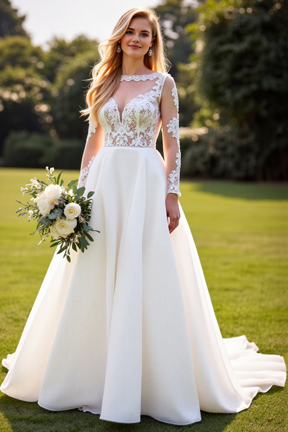 A Line White Lace Appliqued Long Sleeve Wedding Dress