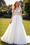 A Line White Lace Appliqued Long Sleeve Wedding Dress