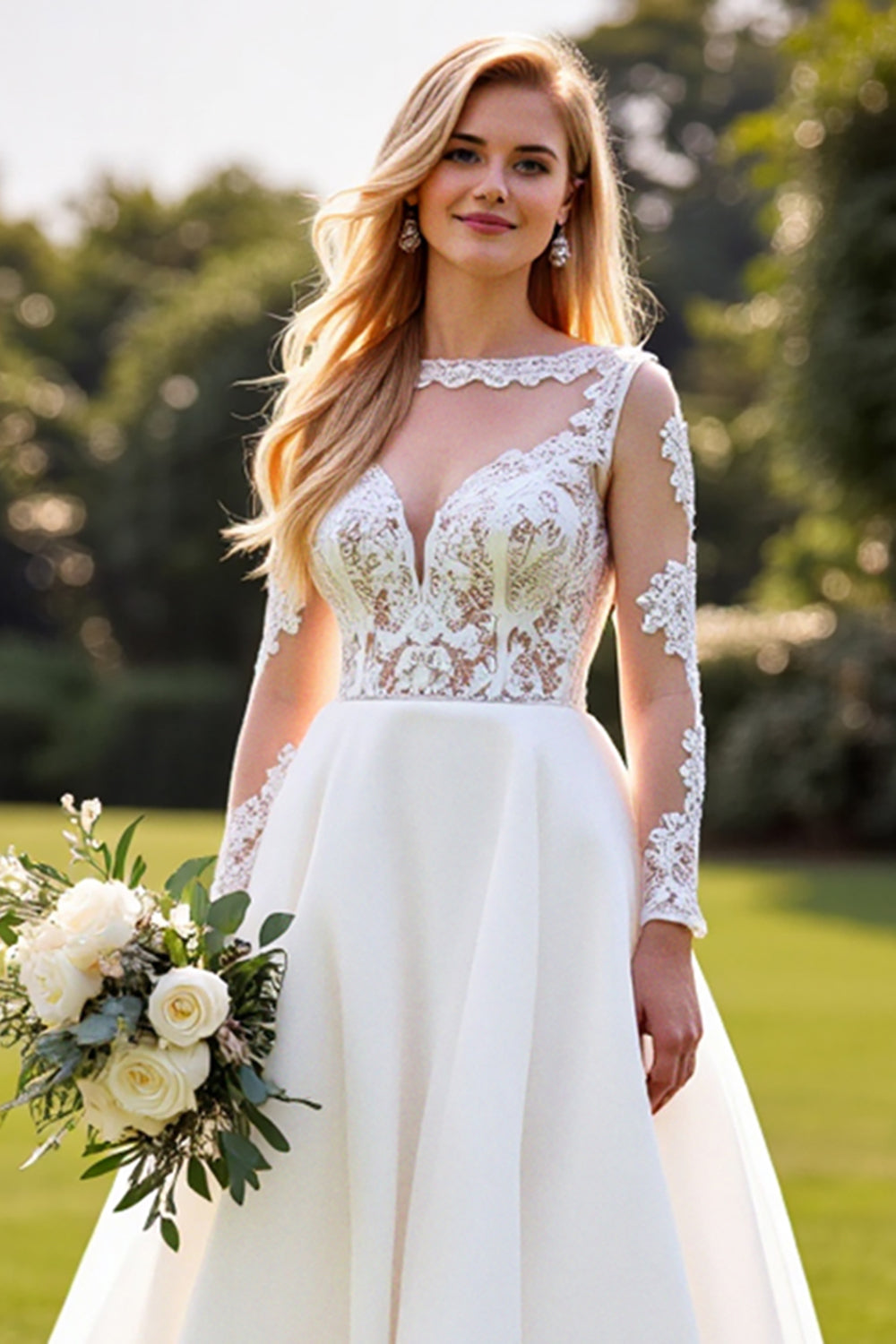 A Line White Lace Appliqued Long Sleeve Wedding Dress