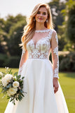 A Line White Lace Appliqued Long Sleeve Wedding Dress