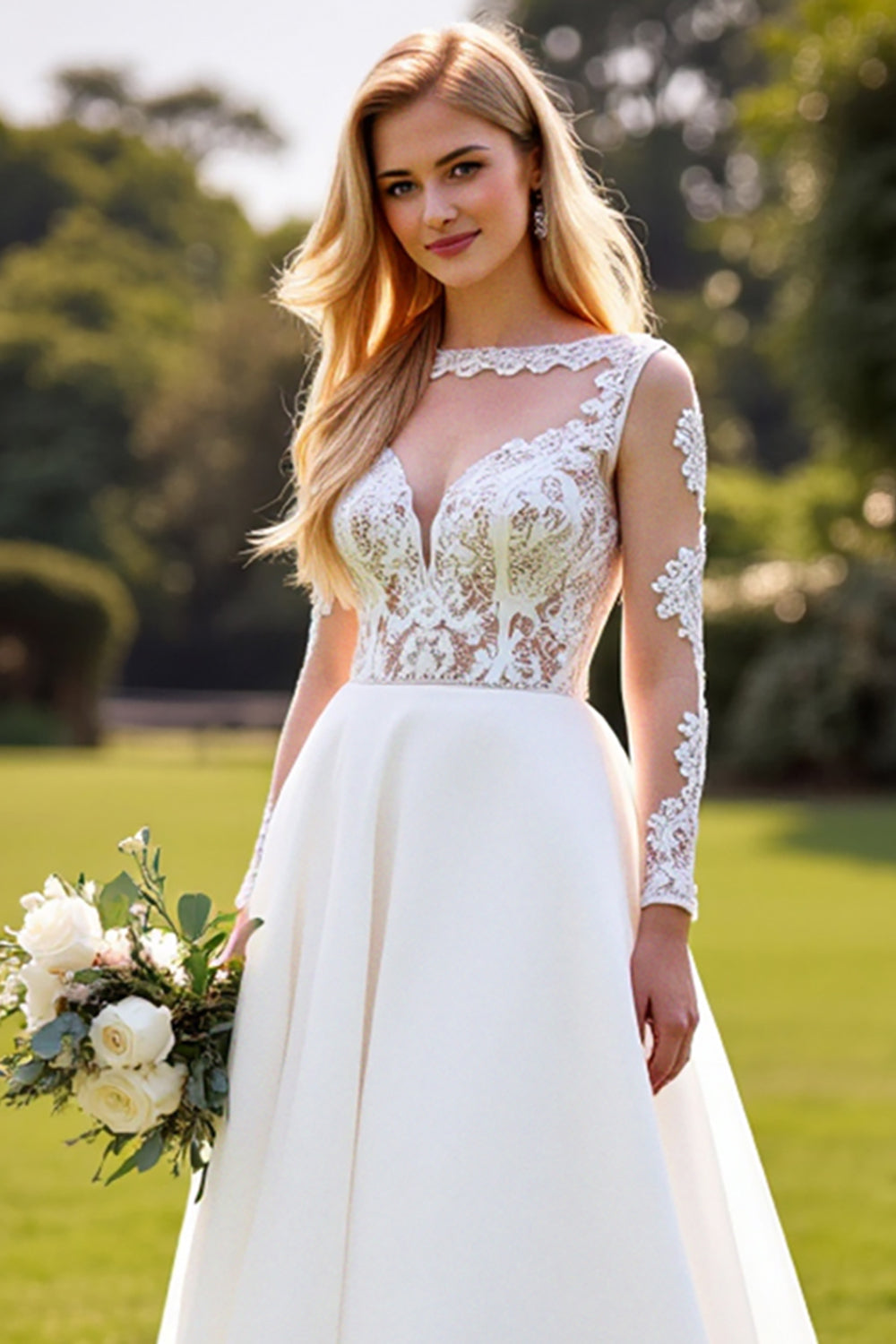 A Line White Lace Appliqued Long Sleeve Wedding Dress