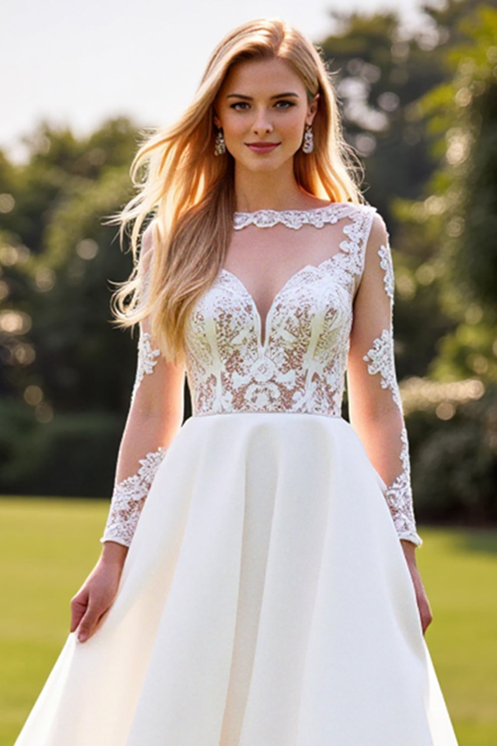 A Line White Lace Appliqued Long Sleeve Wedding Dress