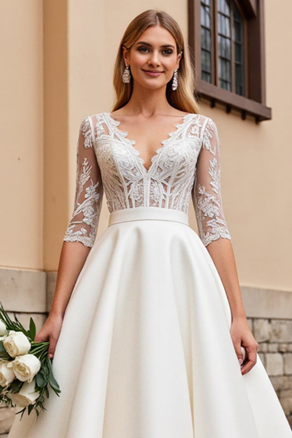 Ivory Lace Half Sleeve A Line Wedding Dress