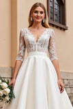 Ivory Lace Half Sleeve A Line Wedding Dress