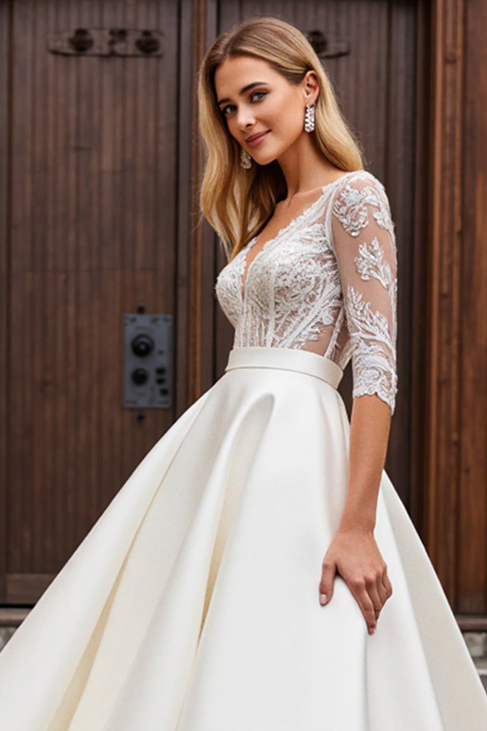 Ivory Lace Half Sleeve A Line Wedding Dress