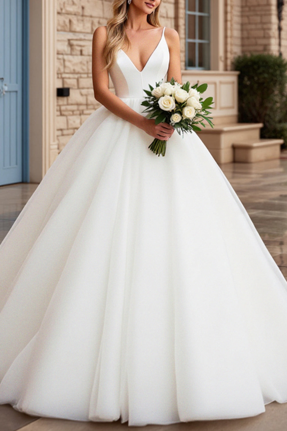 A Line Ivory Spaghetti Straps Ball Gown Long Wedding Dress
