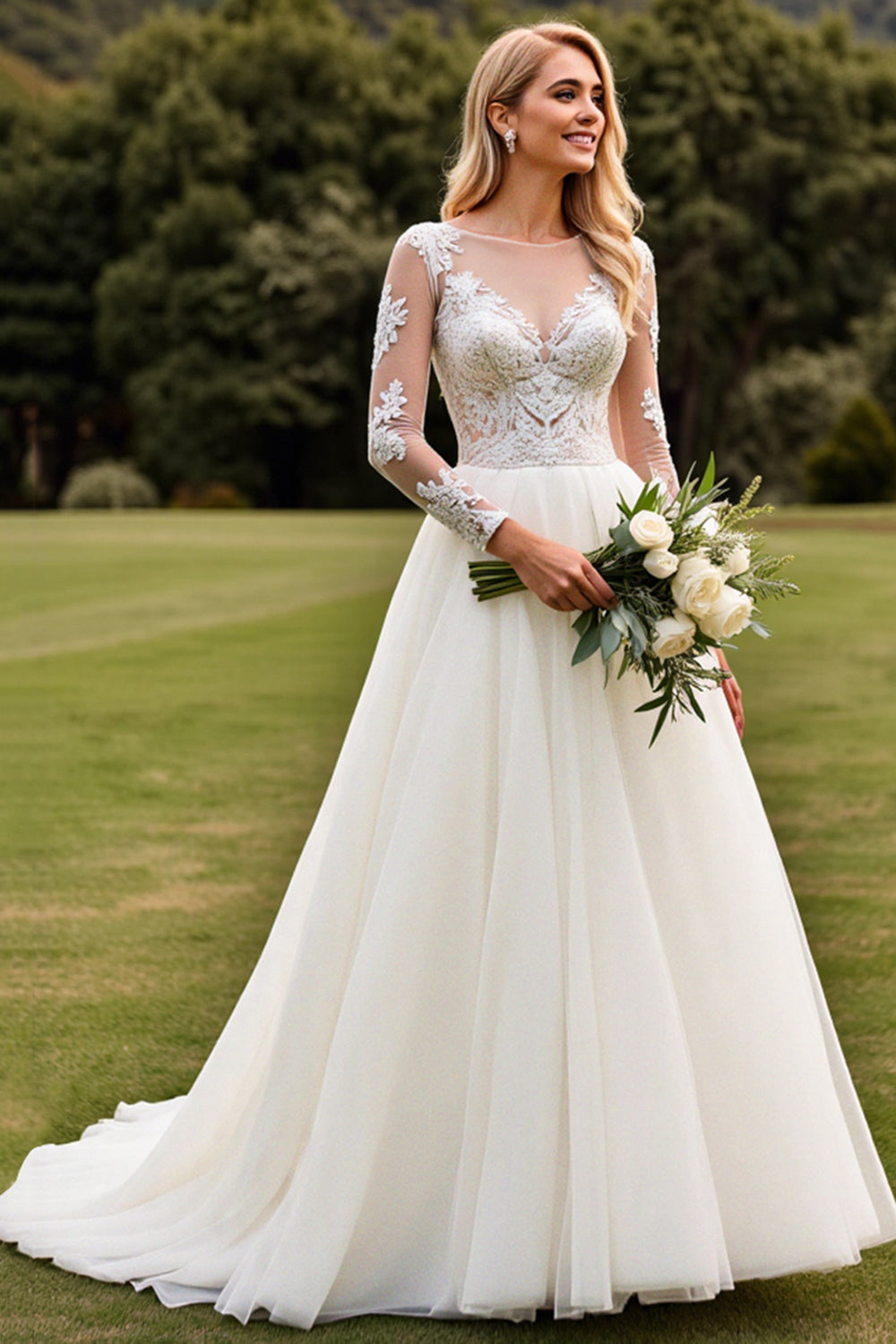 Ivory Lace Pleated A Line Long Sleeve Wedding Dress