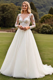 Ivory Lace Pleated A Line Long Sleeve Wedding Dress