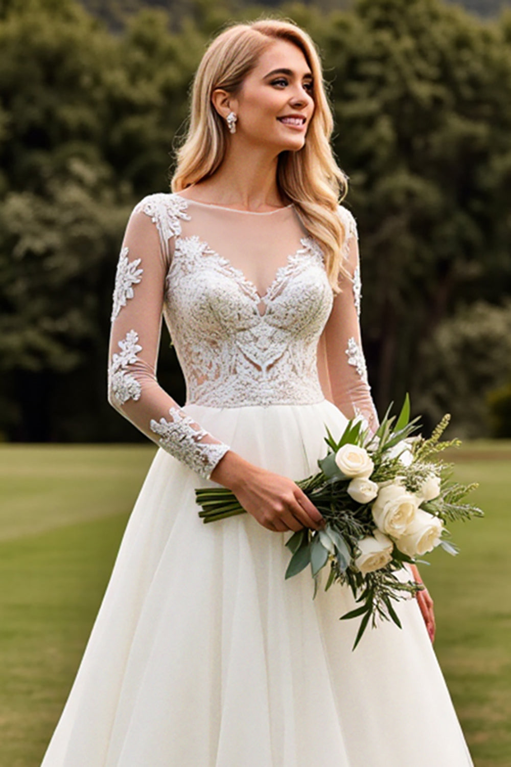 Ivory Lace Pleated A Line Long Sleeve Wedding Dress