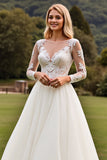 Ivory Lace Pleated A Line Long Sleeve Wedding Dress