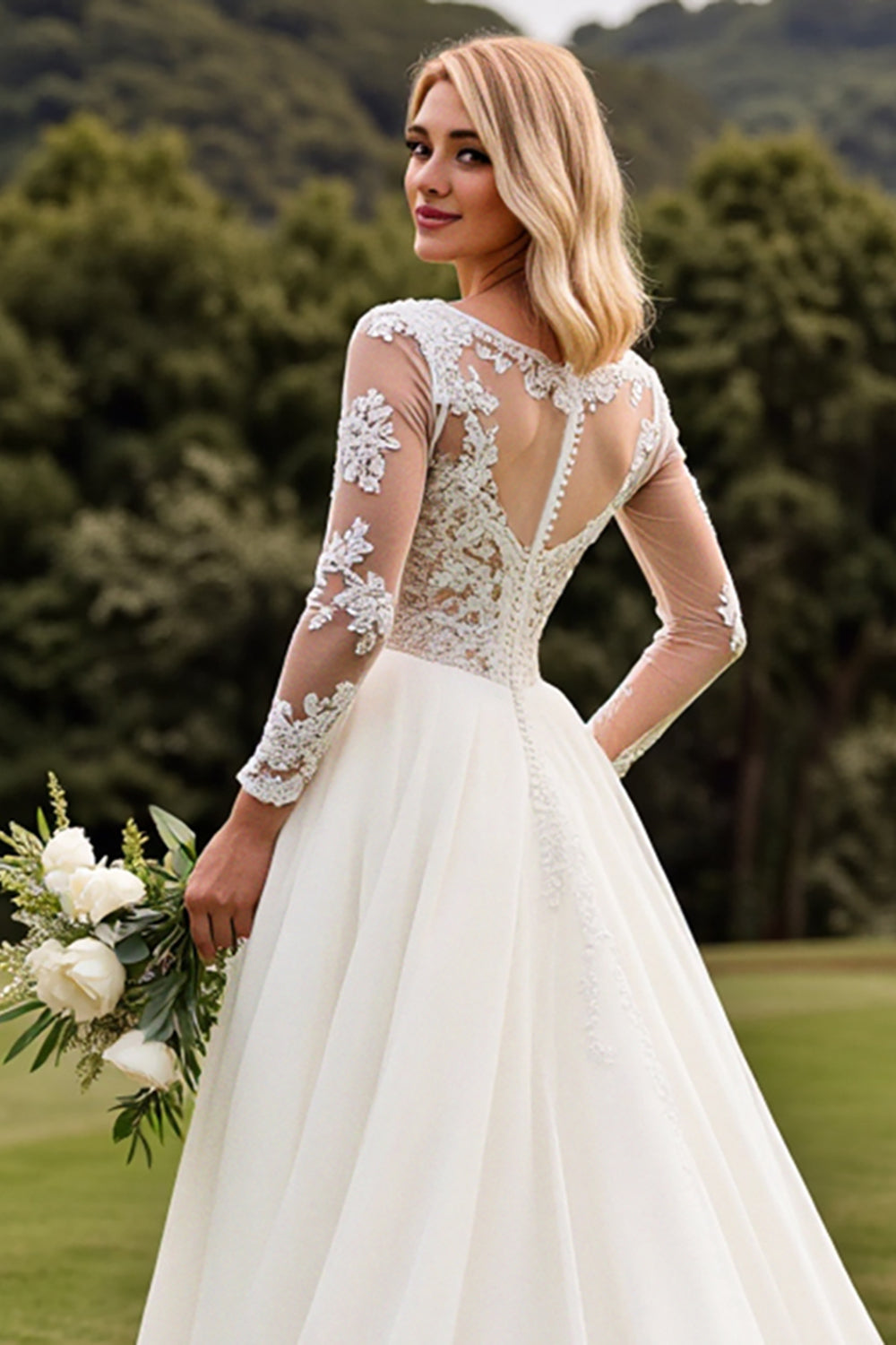 Ivory Lace Pleated A Line Long Sleeve Wedding Dress