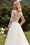 Ivory Lace Pleated A Line Long Sleeve Wedding Dress