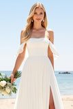 A Line Ivory Off The Shoulder Pleated Beach Wedding Dress with Slit