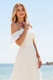 A Line Ivory Off The Shoulder Pleated Beach Wedding Dress with Slit