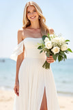 A Line Ivory Off The Shoulder Pleated Beach Wedding Dress with Slit