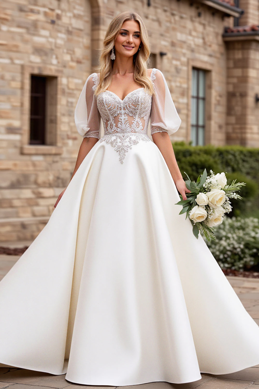 Ivory A Line Lace Half Sleeve Wedding Dress